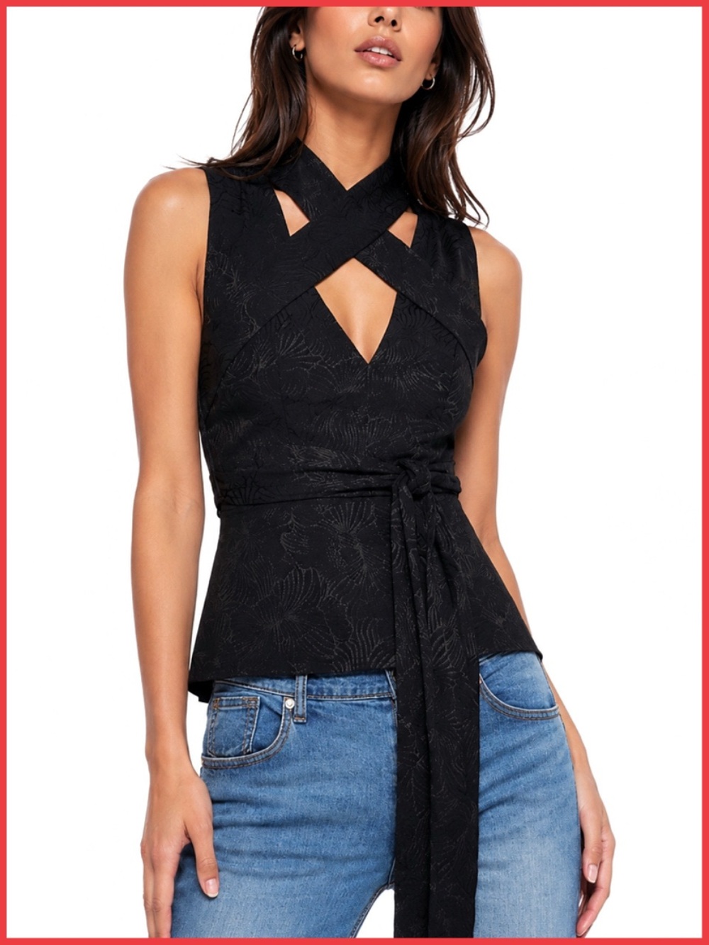 BCBGMaxAzria Black Crisscross Jacquard Wrap Top